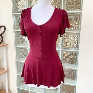 ModCloth Retro 40s Vintage Twee Pinup Burgundy Peplum Ruffled Blouse Top S